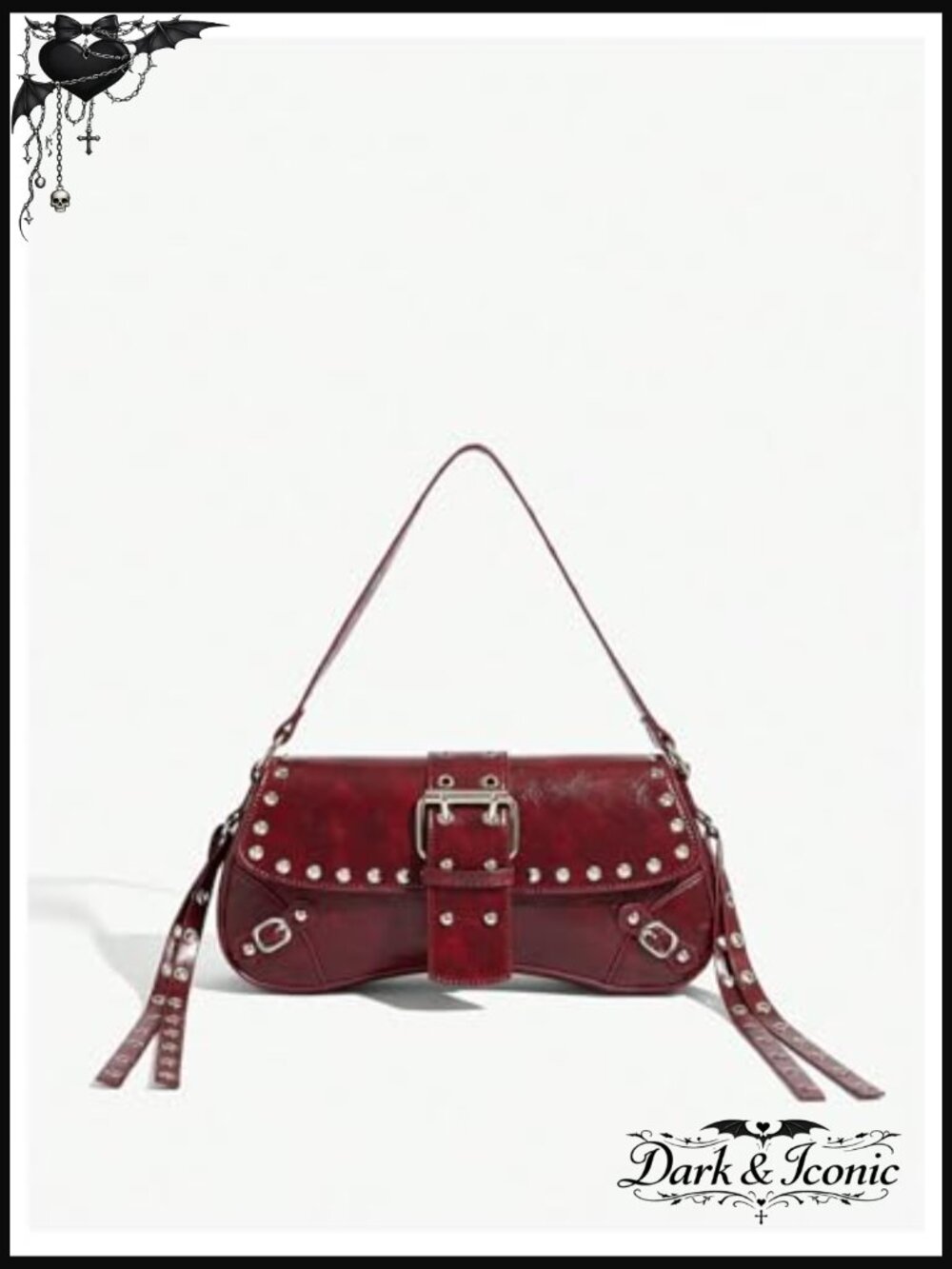 Studded Leather Shoulder Bag with Flap Buckle Closure and Top Handle - Picture 5 of 7